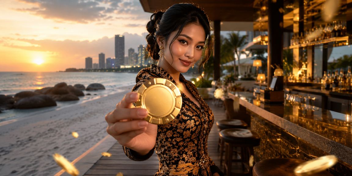 Suasana pantai tropis dengan pengguna VIP menikmati bonus platform indoxslot
