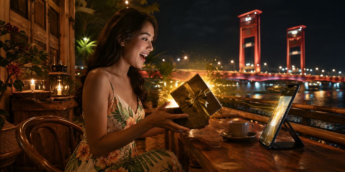 Pengguna mengakses casino mobile di kafe dengan suasana santai dan modern