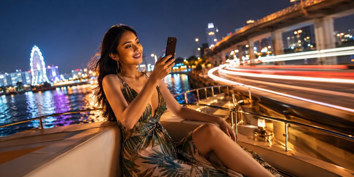 Pengguna mengakses platform kasino mobile di pantai tropis Indonesia dengan ponsel
